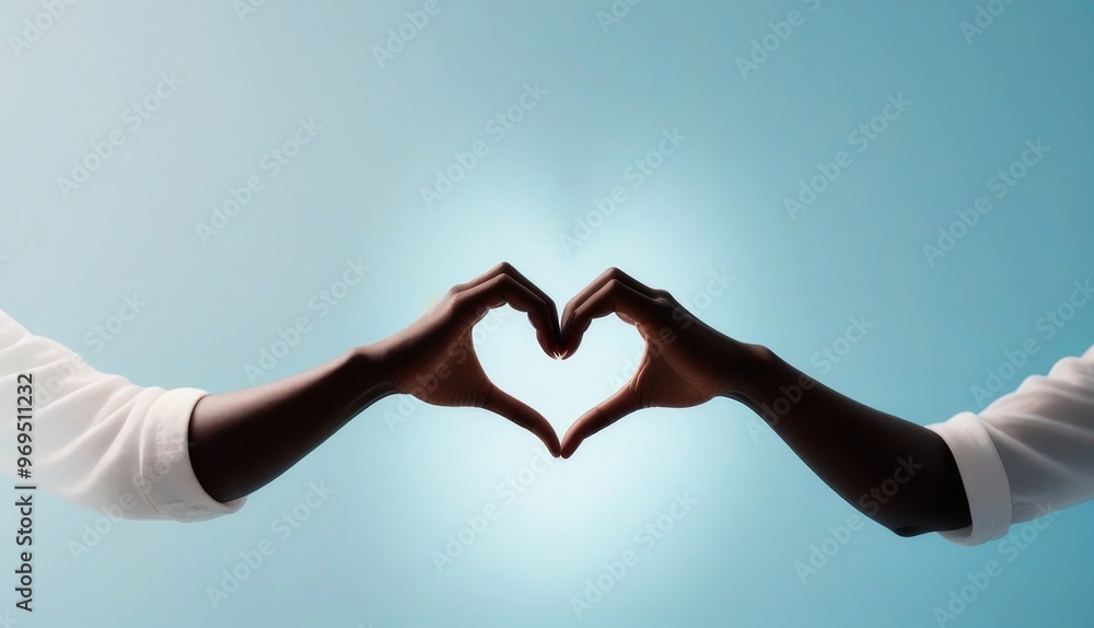 Heart Shape Hand Gesture on Blue Background Heart Shape Hand Gesture on Blue Background