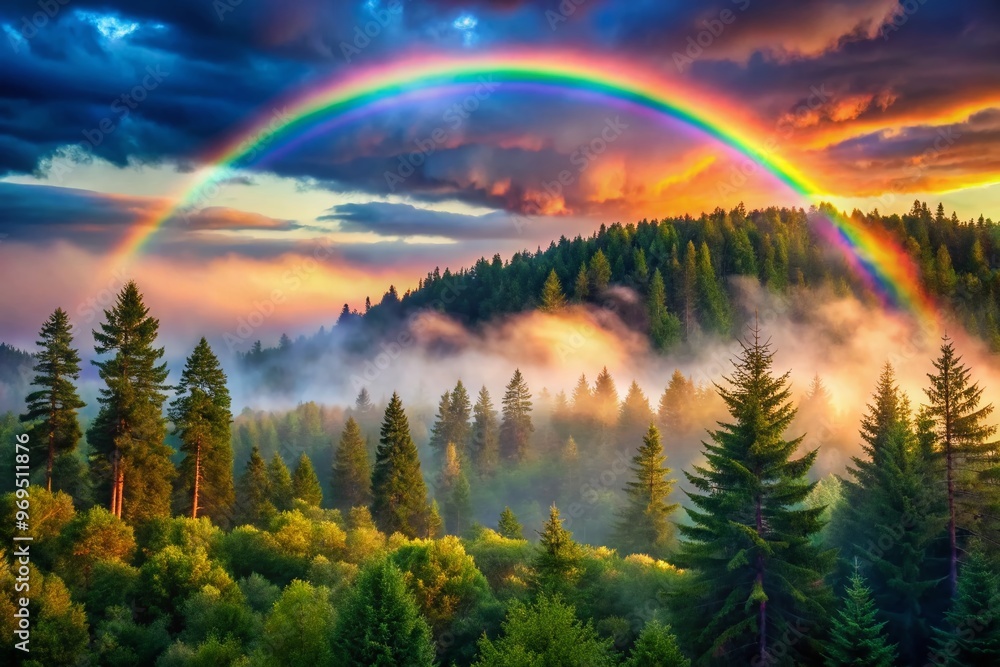 Obraz premium Vibrant, misty rainbow arcs across a serene sky, bridging earthy tones of a lush forest floor and towering