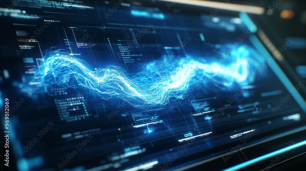 Close-up of electric waves on a futuristic touchscreen, showing how technology interacts with energy and power management systems Close-up of electric waves on a futuristic touchscreen, showing how technology interacts with energy and power management systems