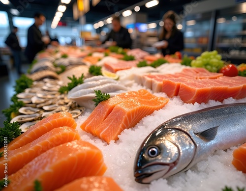 Variety of fresh organic seafood, with fish and tuna prominently displayed on ice in a supermarket fridge, showcasing a commitment to healthy eating and quality food choices photo