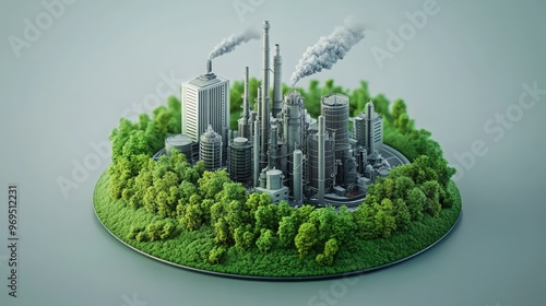 Circular 3D model with a sustainable cityscape, chemical factories emitting zero pollution, and green hills, representing eco-friendly industries and nature photo