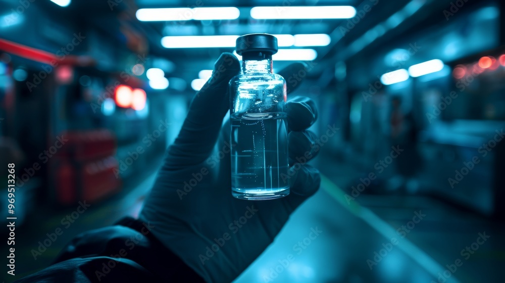 Doctor holding vaccine vial with clear liquid for medical treatment and immunization Doctor holding vaccine vial with clear liquid for medical treatment and immunization