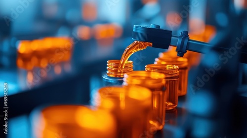 A close-up of an automated machine pouring liquid into amber jars in a modern pharmaceutical production environment.