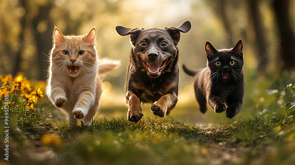 Three playful pets?an orange cat, a brown dog, and a black cat?running joyfully in nature. Three playful pets?an orange cat, a brown dog, and a black cat?running joyfully in nature.