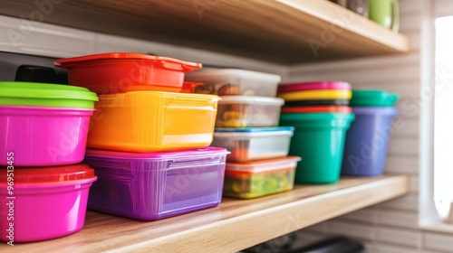 A group of colorful plastic containers stacked neatly on a kitchen shelf, showcasing their utility in organizing and storing food.