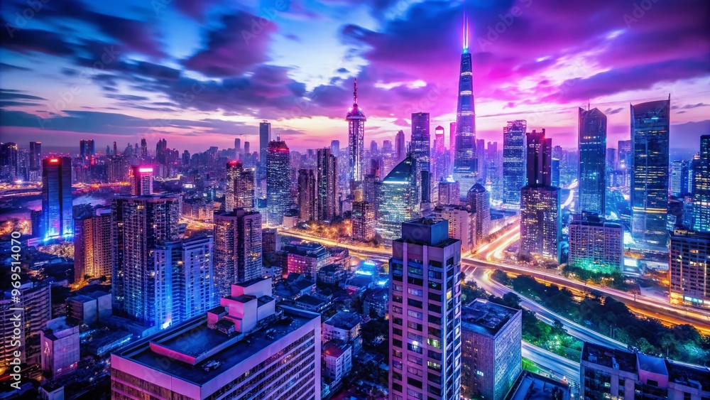 Naklejka premium Vibrant purple and blue neon lights illuminate a misty urban cityscape at dusk, capturing the mesmerizing essence of