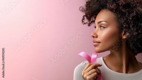 Woman with Pink Ribbon for Breast Cancer Awareness
