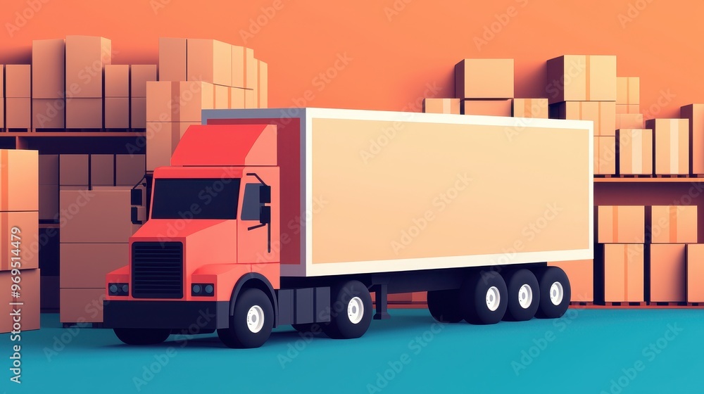 A colorful delivery truck parked in a warehouse amidst stacked boxes, showcasing transportation and logistics themes.