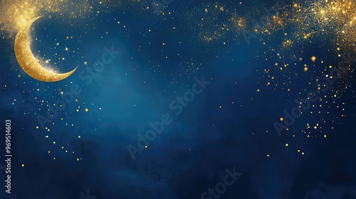 Blue background with scattered golden sparkles, a small moon, and a gold cloud in the left corner. Clean and elegant for a Mid-Autumn Festival poster design