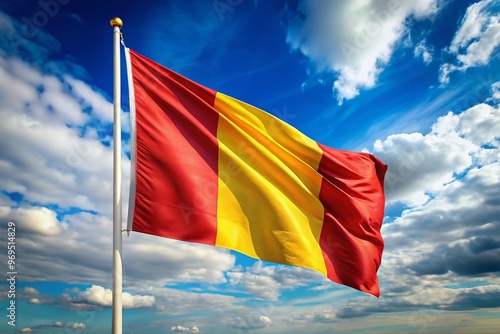 Vibrant red and yellow vertical stripes of the Rome city flag waving in the wind, set against a photo