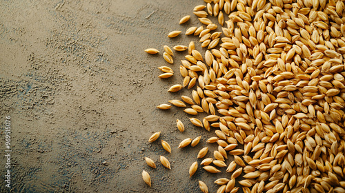 Organic wheat grains scattered on rustic surface create natural and earthy aesthetic. golden hues of grains contrast beautifully with textured background, evoking sense of simplicity and organic farmi photo