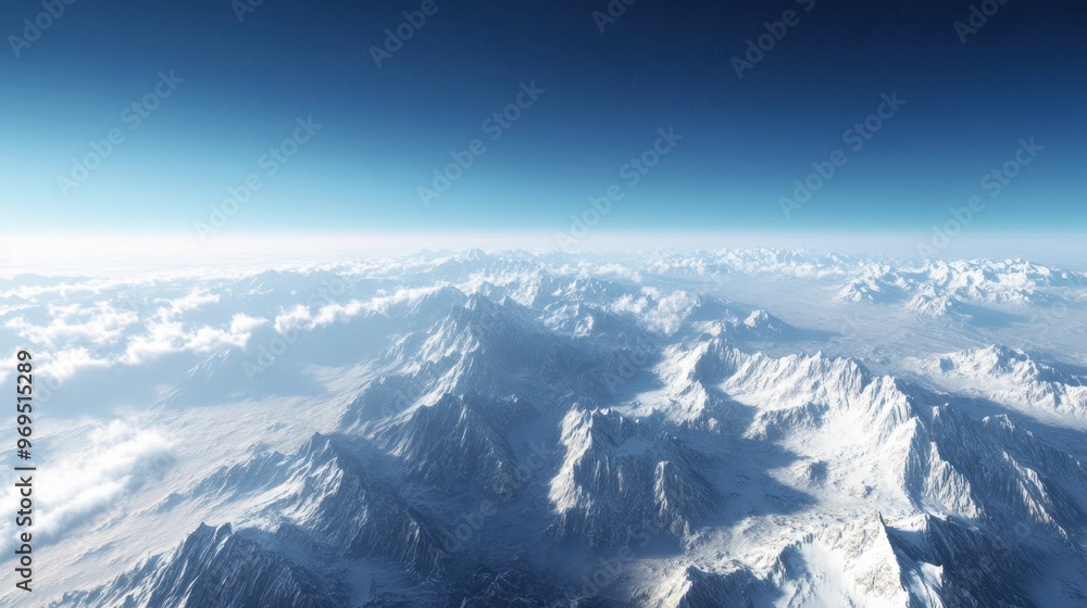 Fototapeta premium A high-altitude view of a mountain range with snow-covered peaks and a clear, bright sky, with distant clouds on the horizon.