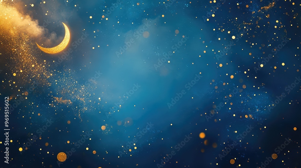 Naklejka premium Minimalistic blue backdrop with golden sparkles scattered throughout, a small moon, and a gold cloud in the left corner. Suitable for a stylish Mid-Autumn Festival poster