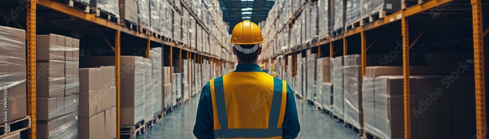 Warehouse worker in safety vest and hardhat walking down aisle Warehouse worker in safety vest and hardhat walking down aisle