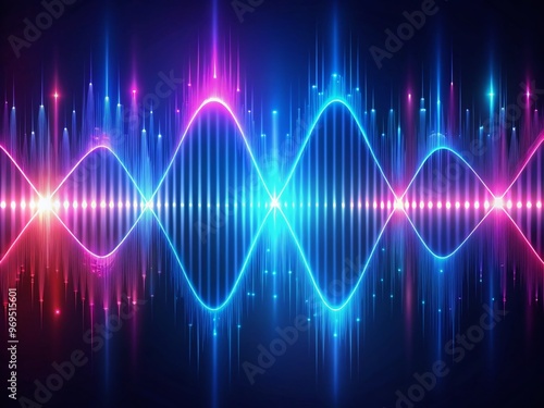 Vibrant sound waves ripple through a neon-lit, dark-blue background, visualizing the energetic rhythm and harmony of