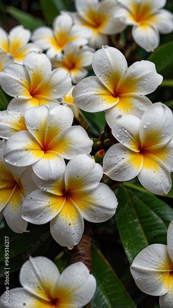 Serene Frangipani Flower Cluster with Lush Green Leaves. Mobile Phone Wallpaper. Serene Frangipani Flower Cluster with Lush Green Leaves. Mobile Phone Wallpaper.