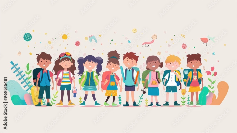 cheerful group of diverse children with backpacks, ready for adventure and exploration in a vibrant, playful setting cheerful group of diverse children with backpacks, ready for adventure and exploration in a vibrant, playful setting
