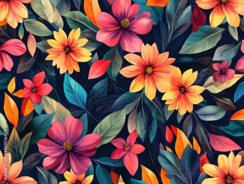 Vibrant floral pattern featuring colorful flowers and lush leaves, perfect for backgrounds and decorative designs.