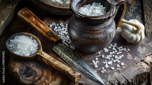 Medieval knife and timber pitcher filled with ocean salt photo