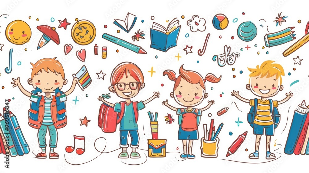 colorful illustration featuring four happy children with backpacks, surrounded by school supplies and playful elements. colorful illustration featuring four happy children with backpacks, surrounded by school supplies and playful elements.