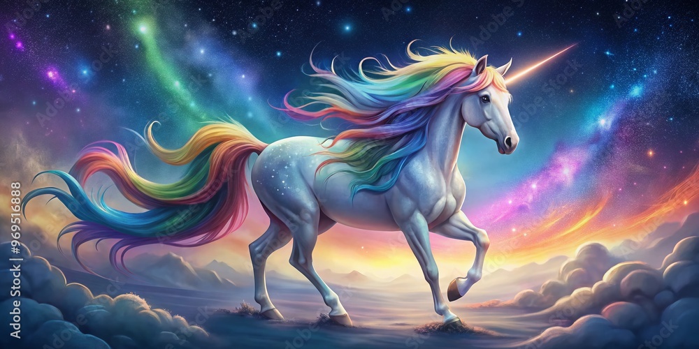 Fototapeta premium Vibrant, whimsical illustration of a mythical unicorn with a shimmering rainbow mane and tail, set against a soft,