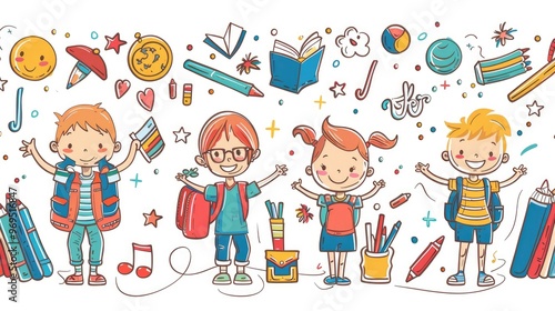 colorful illustration featuring four happy children with backpacks, surrounded by school supplies and playful elements.