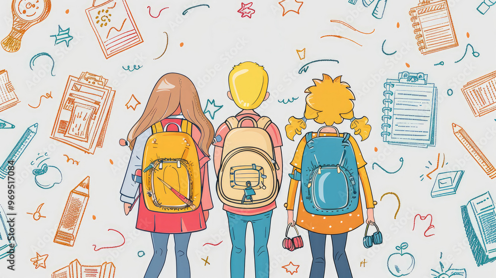 Fototapeta premium colorful illustration of children with backpacks, surrounded by school supplies, symbolizing friendship and the joy of learning.