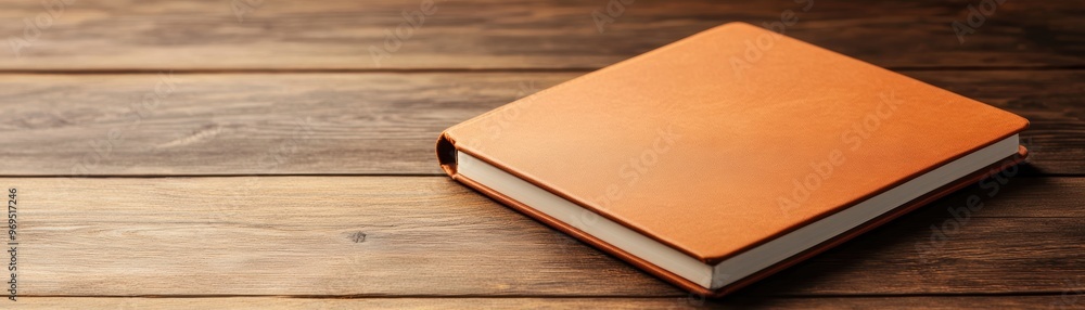 Fototapeta premium Stylish orange notebook placed on a wooden table, perfect for writing, journaling, or creative brainstorming.