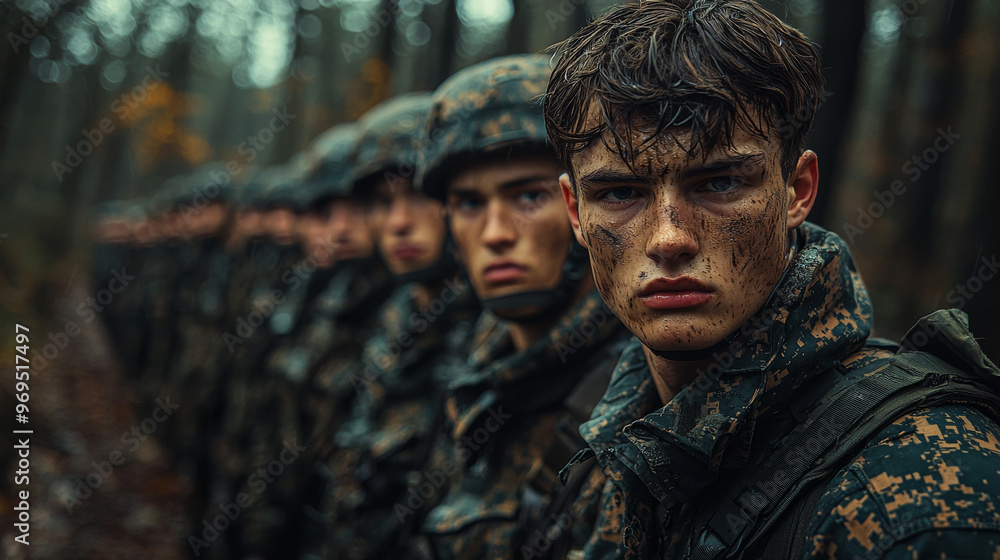 A young soldier stands in line, covered in mud, looking serious. A young soldier stands in line, covered in mud, looking serious.
