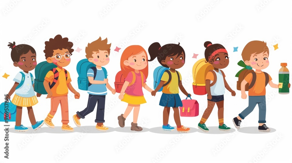 joyful group of diverse children walking together, each with unique backpacks, ready for a fun day at school. joyful group of diverse children walking together, each with unique backpacks, ready for a fun day at school.