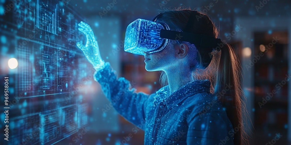 Fototapeta premium student using VR headset in classroom setting with AI technology for innovative digital learning and interactive machine learning experiences