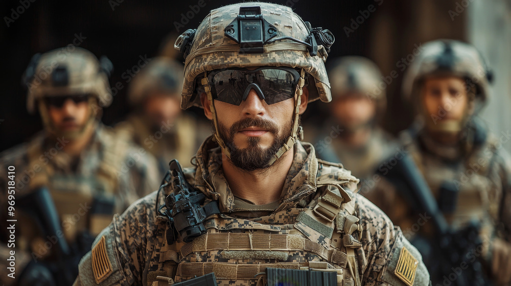 A soldier in full gear, with a determined look on his face. A soldier in full gear, with a determined look on his face.