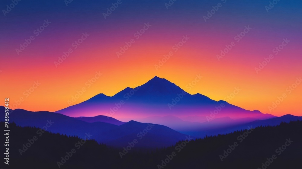 Obraz premium A majestic mountain range silhouetted against a vivid sunset sky, with colors transitioning from orange to purple.