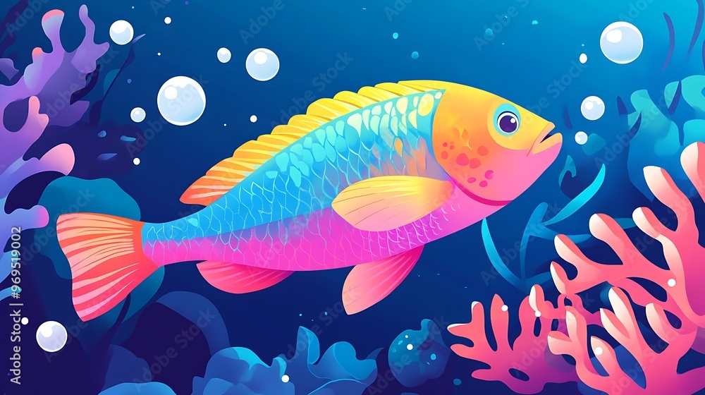 Naklejka premium Vibrant Parrotfish in Coral Reef Illustration with Clean Color Blocks