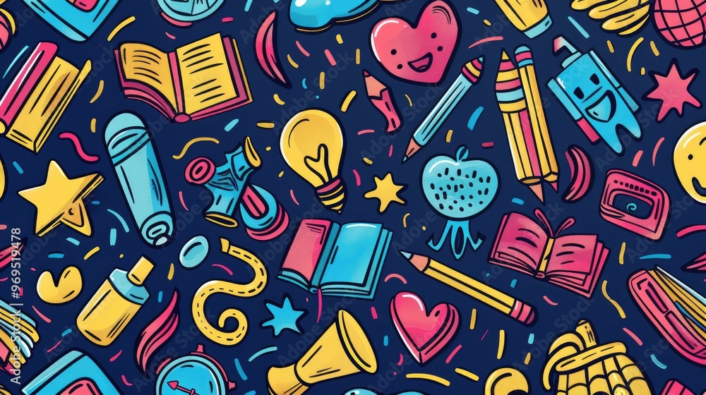 vibrant collection of doodles featuring books, stars, and playful icons on a dark background, perfect for designs and illustrations. vibrant collection of doodles featuring books, stars, and playful icons on a dark background, perfect for designs and illustrations.