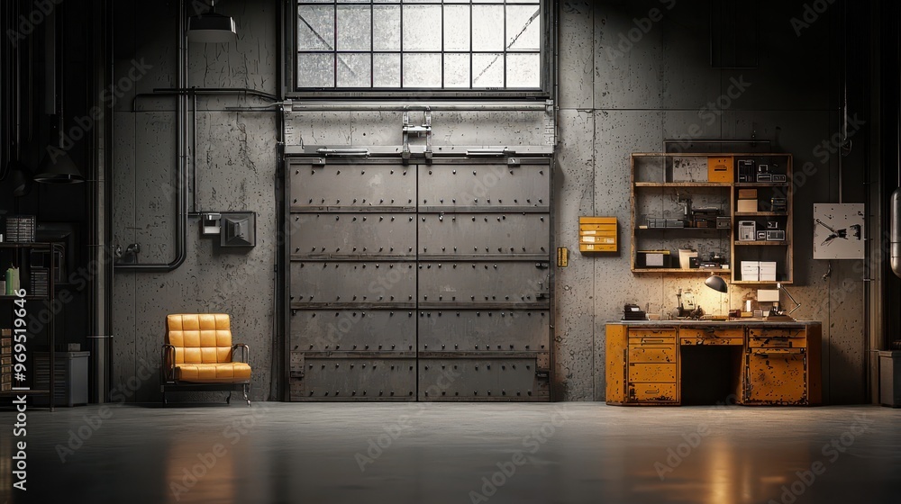 A spacious industrial workshop featuring a wooden desk, orange chair, and large garage door, perfect for creative projects. A spacious industrial workshop featuring a wooden desk, orange chair, and large garage door, perfect for creative projects.