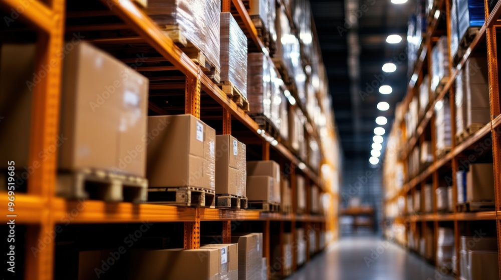 A spacious warehouse aisle filled with neatly stacked boxes on shelves, showcasing efficient storage and organization. A spacious warehouse aisle filled with neatly stacked boxes on shelves, showcasing efficient storage and organization.