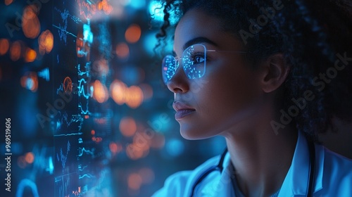 side profile of female doctor working with holographic ai data in healthcare showcasing medical research innovation and intelligent health diagnostics