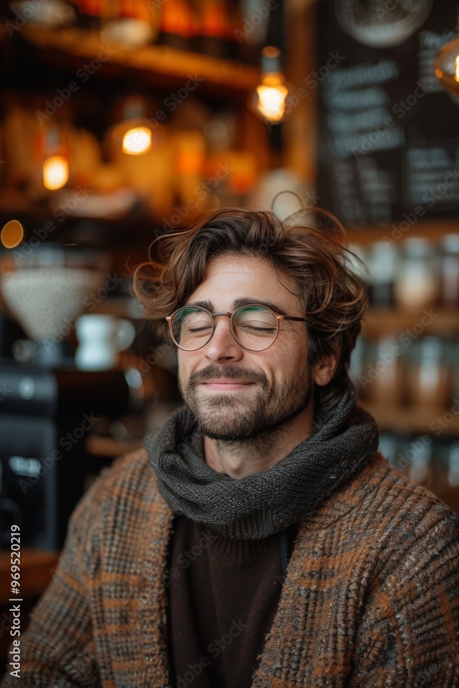 Man smiles contentedly while holding his coffee, enjoying the tranquil and inviting atmosphere of the café Man smiles contentedly while holding his coffee, enjoying the tranquil and inviting atmosphere of the café