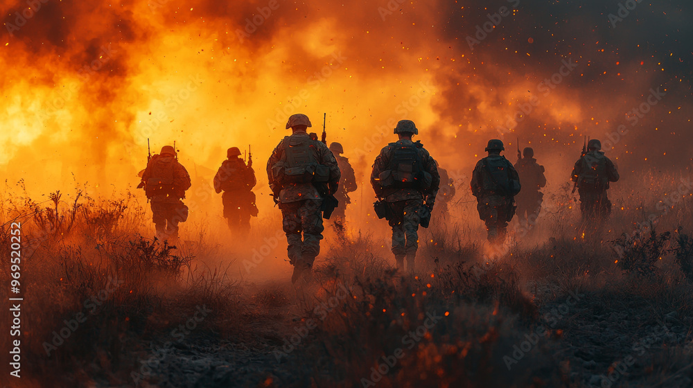 Soldiers walk through a field of fire. Soldiers walk through a field of fire.