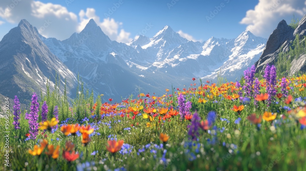 Fototapeta premium A mountain ridge covered in colorful wildflowers, with a backdrop of towering peaks and a clear, sunny sky.
