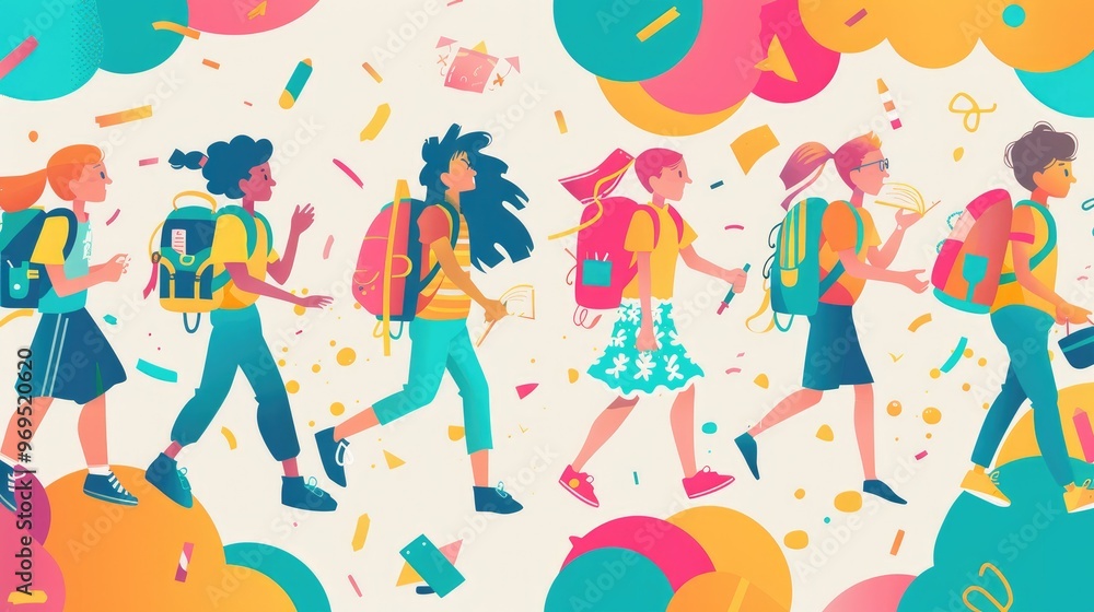 Fototapeta premium vibrant illustration of diverse travelers carrying backpacks, enjoying a festive atmosphere with colorful shapes and confetti.