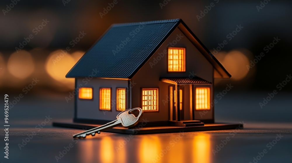A small house model with a key leaning against it, bathed in a warm sunset glow, representing the gateway to homeownership A small house model with a key leaning against it, bathed in a warm sunset glow, representing the gateway to homeownership