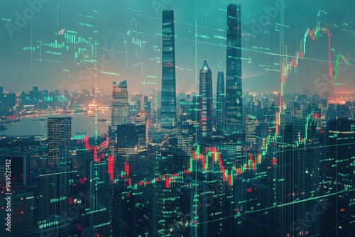 A stock market chart with stylized skyscrapers in the background, charts and numbers overlaying the scene, all on an overcast day with a dark blue sky Generative AI