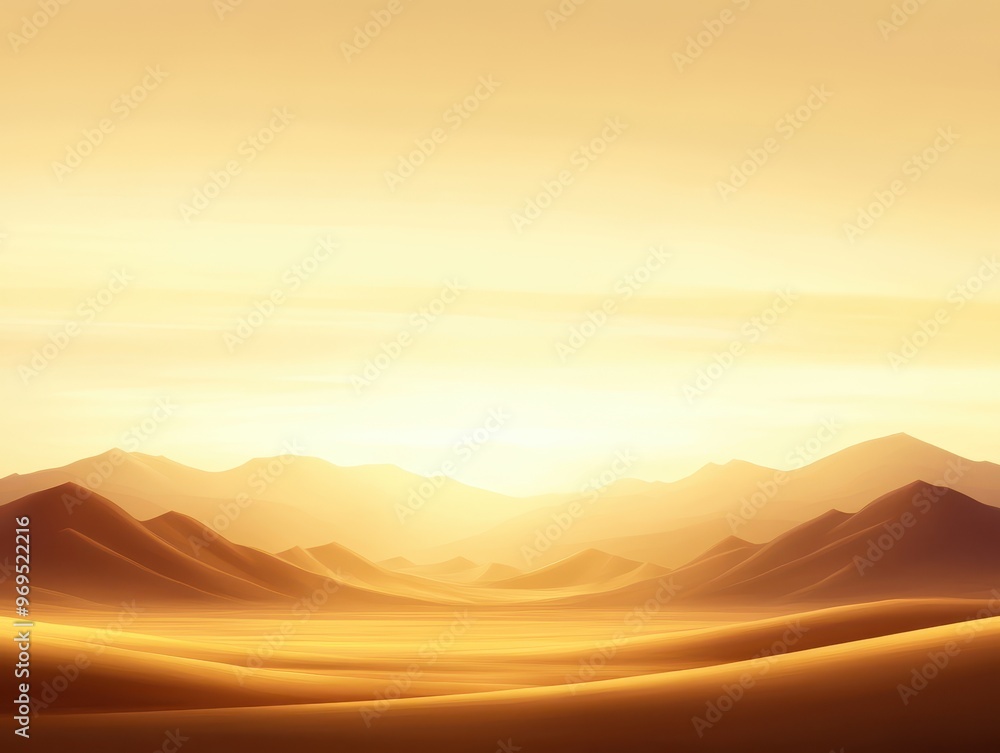 Obraz premium Golden desert landscape at sunset showcasing serene beauty and warm hues illuminating the sand and mountains.