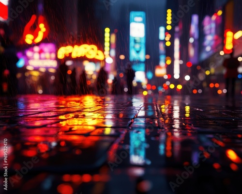 A vibrant night scene with neon lights reflecting on wet pavement, creating a colorful urban atmosphere in the rain.