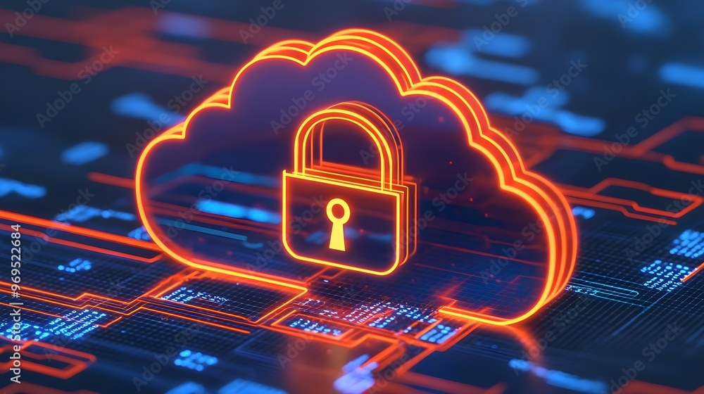 Secure Cloud Storage with Neon Lock Icon Secure Cloud Storage with Neon Lock Icon