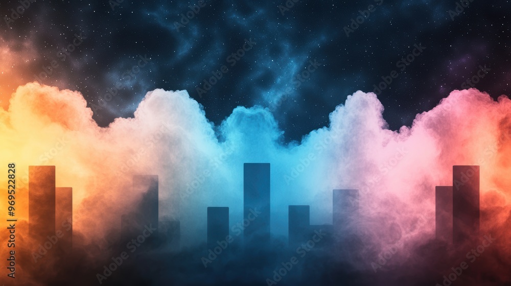 Obraz premium A vibrant skyline emerges from colorful clouds, blending warm and cool tones in a dreamy cosmic atmosphere.
