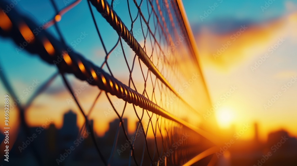 A vibrant sunset viewed through a chain-link fence, creating a beautiful contrast between nature and urban life. A vibrant sunset viewed through a chain-link fence, creating a beautiful contrast between nature and urban life.