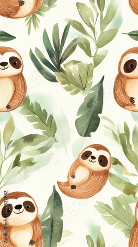 Charming illustration of sloths surrounded by lush green leaves, perfect for nature lovers and whimsical decor. photo